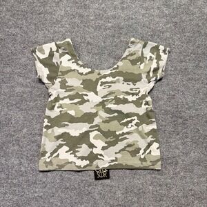 Chaser Shirt Womens‎ Small Green Camo Ribbed Crop Low V Back Short Sleeve NWT